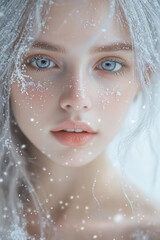 A beautiful frozen silver haired young woman with snowflakes in her hair and grey eyes, snowflakes...