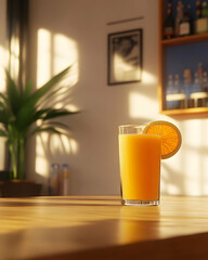 Sunlit Orange Juice 3D Render: A Refreshing Glass on Wooden Table