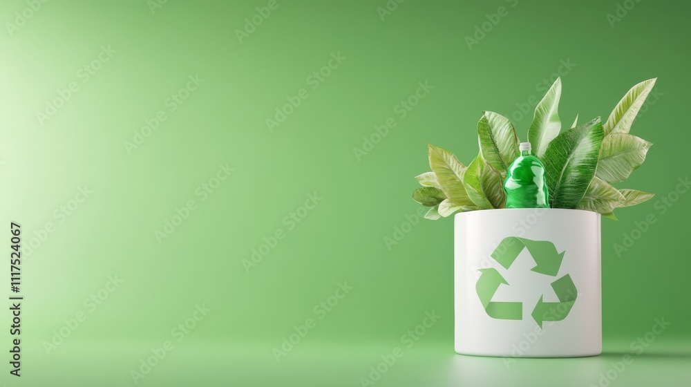 Poster 3d model of recycle symbol with green leaves in empty container