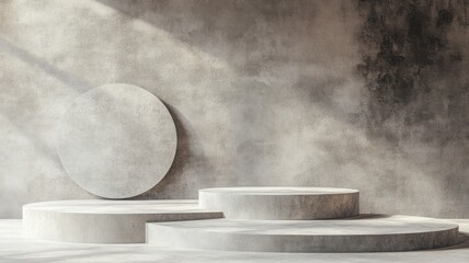 Concrete Display Platforms Against a Textured Wall with Sunlight