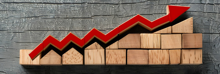 Red Arrow Growth Chart Illustration on Wooden Blocks Background