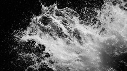 Fast-moving ocean waves against rocky cliffs, stormy skies, intense dynamic patterns, high energy, refreshing sea spray