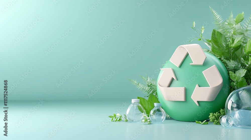 Poster 3d empty recycle symbol on green background with nature elements