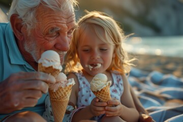 A joyful elder and child enjoy ice cream cones on a sunny beach day.