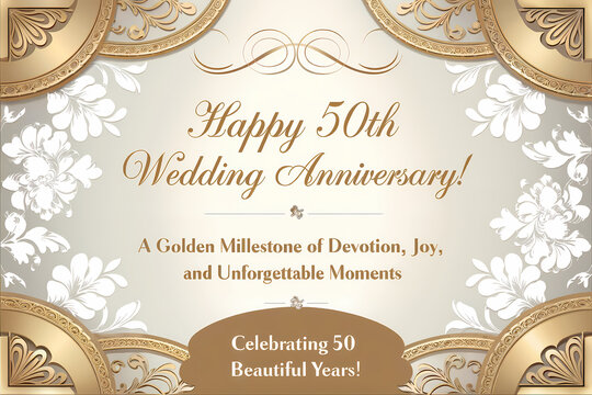 Luxurious 50th wedding anniversary card with intricate gold design