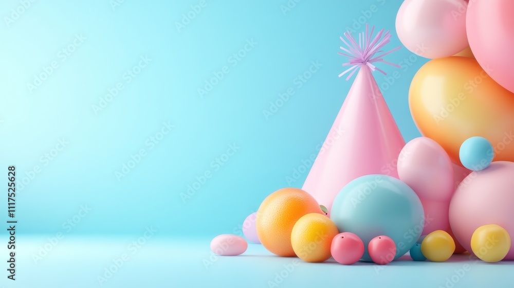 Poster 3d model of colorful fruits on empty background with party elements