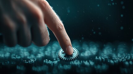 A hand reaching out to adjust a gear in a complex mechanism, highlighting the role of human intervention, problem solving, and fine tuning processes for optimal performance.