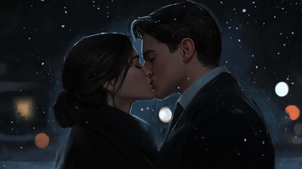 Naklejka premium young woman kissing a man in a suit, a romantic scene, snowfall a close up, in a romantic style