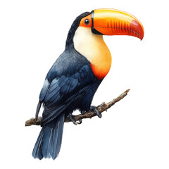 Fototapeta premium Watercolour Illustration of a Toucan with Vibrant Orange Beak Perched on a Branch, isolated on transparent background, png