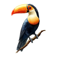 Obraz premium Watercolour Illustration of a Toucan with Vibrant Orange Beak Perched on a Branch, isolated on transparent background, png