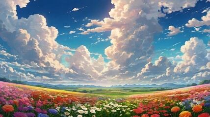 Vibrant Flower Field Under a Dramatic Sky: A Serene Landscape Painting