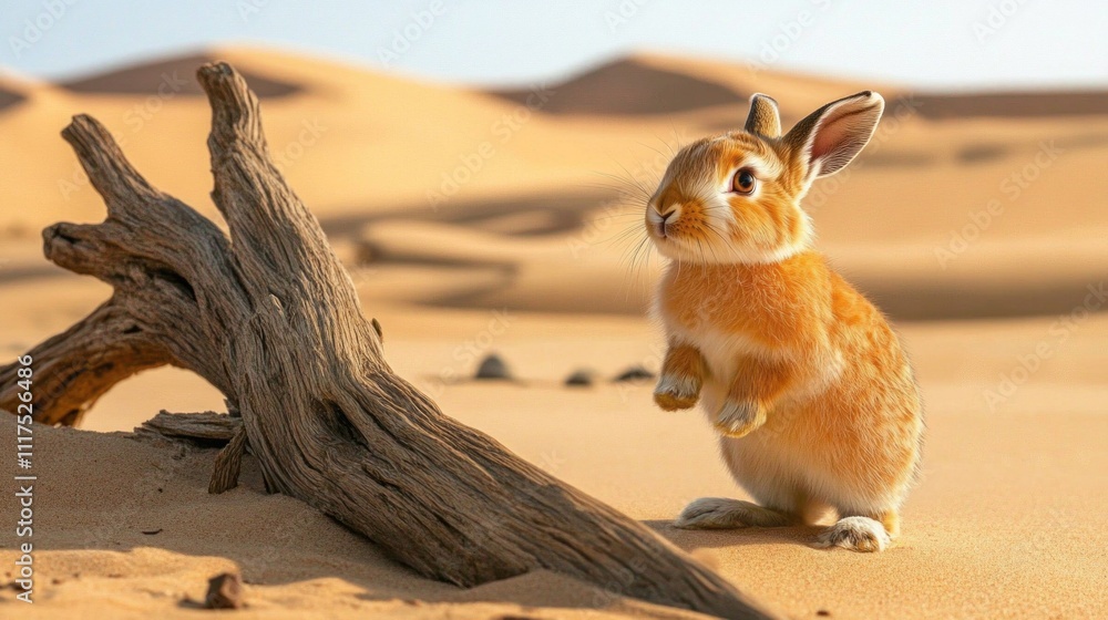 Poster a golden rabbit stands alert in a warm desert, surrounded by endless golden sand dunes. sunlight pai