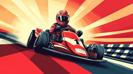 A dynamic illustration of a go-kart racer speeding on a colorful track.