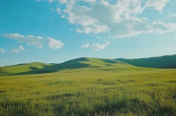 Obraz premium The vast and beautiful grasslands of Inner Mongolia, showcasing the endless green expanse under a clear sky, representing the natural beauty and serenity of the region.