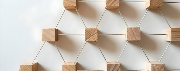 Wooden Block Network Illustration: Interconnected Cubes and Strings on White Background
