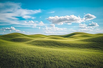 Fototapeta premium The vast and beautiful grasslands of Inner Mongolia, showcasing the endless green expanse under a clear sky, representing the natural beauty and serenity of the region.