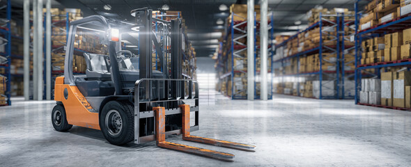Forklift inside a large warehouse with numerous items and rows of shelves with boxes - panoramic 3D Visualization