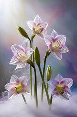 Obraz premium Beautiful Amaryllis flowers with translucent petals showcasing iridescent hues, creating a surreal and magical ambiance, cool spectrum amaryllis flowers. Created with generative AI