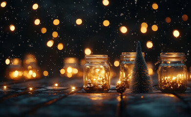 Festive Christmas background with glass jars and fairy lights on a dark night sky 