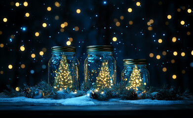 Festive Christmas background with glass jars and fairy lights on a dark night sky 