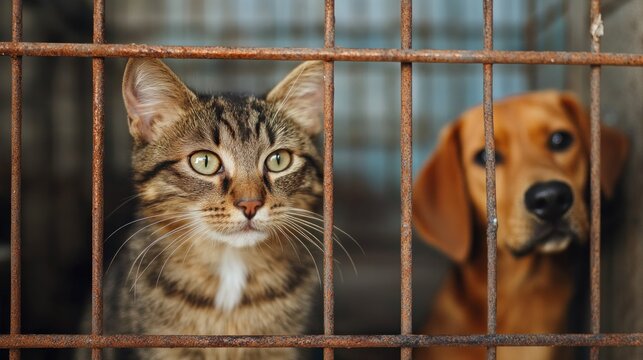 Cat and Dog Behind Bars