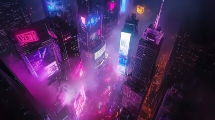 Fototapeta premium Neon Cityscape Aerial View Nighttime Foggy Atmosphere