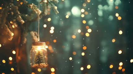 Festive Christmas background with glass jars and fairy lights on a dark night sky 