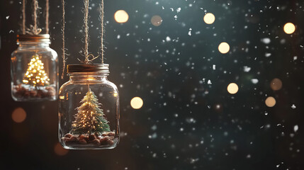 Festive Christmas background with glass jars and fairy lights on a dark night sky 
