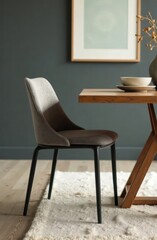 modern chair with sleek black frame, paired with section of wooden table. furniture poster. simple and stylish dining room detail, interior design
