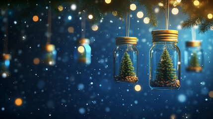 Festive Christmas background with glass jars and fairy lights on a dark night sky 