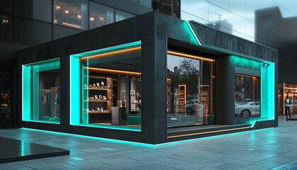 Modern boutique with a charcoal facade and neon teal lighting. The bright accents add a vibrant touch to the sleek, high-definition urban setting