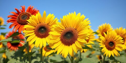 Obraz premium Vibrant sunflower garden in full bloom with blue sky background, summer, mobile phone