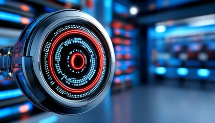 cybersecurity solutions concept. A futuristic, circular interface glows with vibrant blue and red lights, set against a high-tech background, suggesting advanced technology or virtual reality.