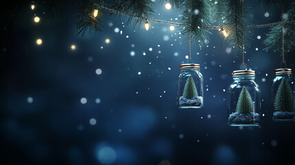 Festive Christmas background with glass jars and fairy lights on a dark night sky 