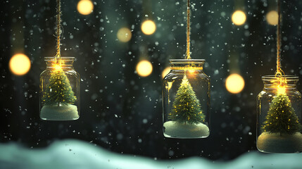 Festive Christmas background with glass jars and fairy lights on a dark night sky 