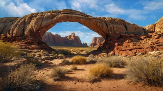 A natural rock arch frames a desert landscape under a blue sky with scattered clouds.