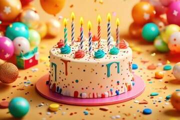 Birthday cake with candles and confetti on yellow background, closeup.