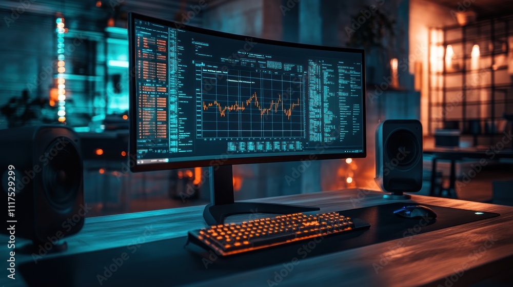 Poster modern workstation displays stock market data and code