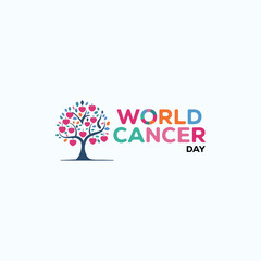 A clean, modern vector illustration for World Cancer Day, featuring a purple awareness ribbon with abstract geometric shapes and text, symbolizing global unity in cancer awareness
