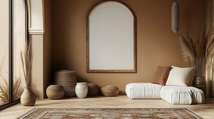 Minimalist Ramadan frame on a warm brown wall, classic decor with a modern twist