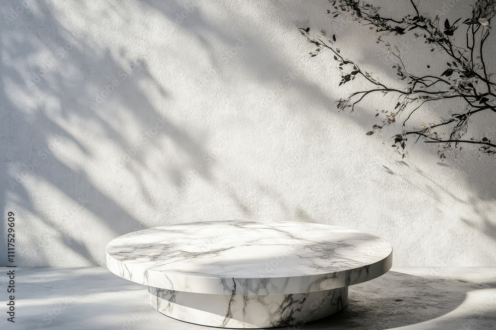 Poster a minimalist space featuring a round marble table casting shadows on a textured wall.