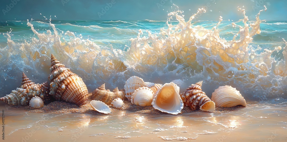 Aufkleber a serene beach scene featuring various seashells and ocean waves.