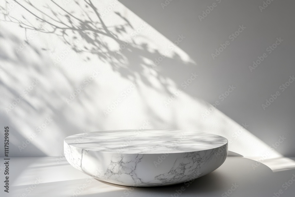Poster a minimalist round marble table casting shadows on a wall, creating a serene atmosphere.