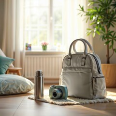 Travel Essentials. A stylish bag, camera, and thermos bottle ready for an adventure.