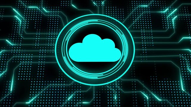 Motion graphic of Blue digital cloud computing logo and circle futuristic HUD elements