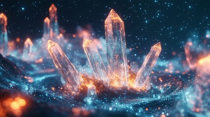 Illuminated orange crystals in starry nightscape with glowing ethereal mist