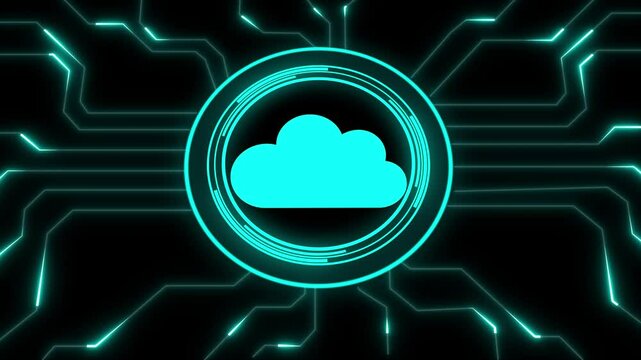 Motion graphic of Blue digital cloud computing logo and circle futuristic HUD elements