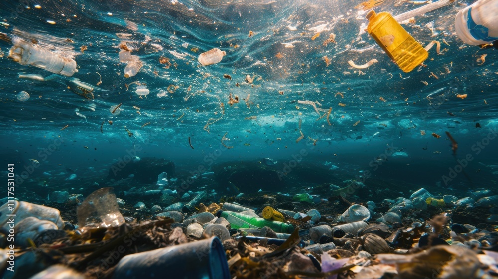 Aufkleber a seafloor covered in trash and pollution juxtaposed with a message about the need for shipping comp