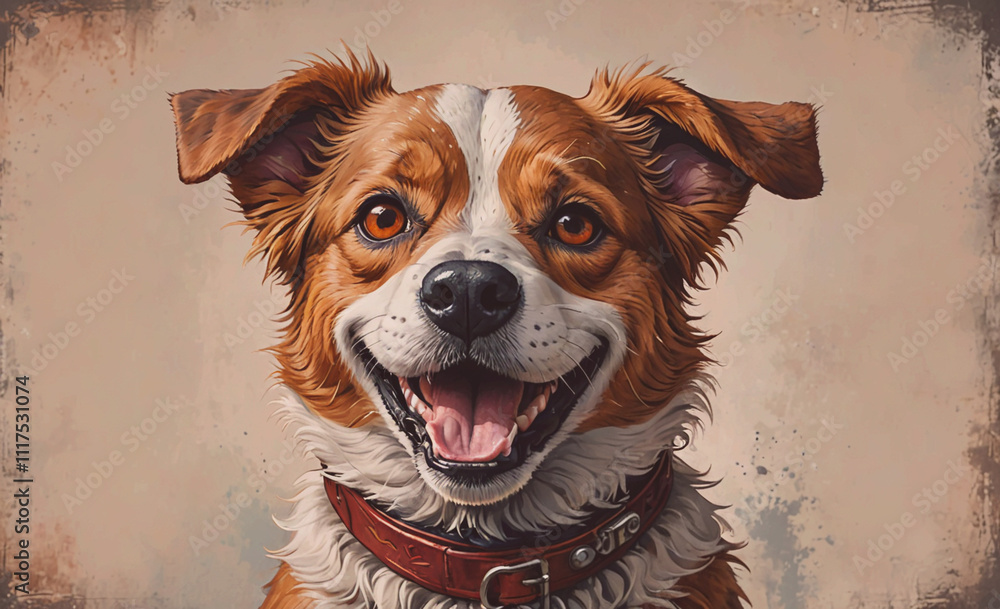 Aufkleber dog with a brown and white coat is smiling and wearing a red collar. the dog's eyes are open and it 