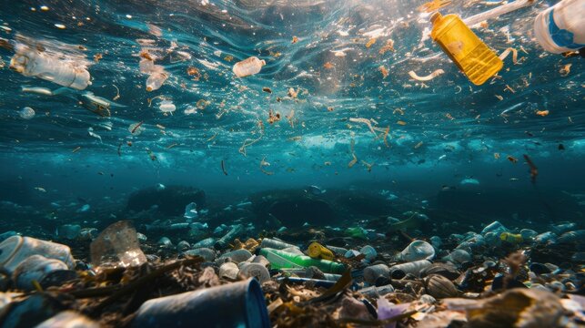 A seafloor covered in trash and pollution juxtaposed with a message about the need for shipping companies to take responsibility for their waste and minimize their environmental
